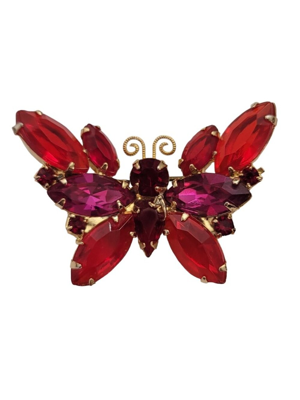Red Pink Prong Set Rhinestone Vintage Butterfly Brooch Pin E445